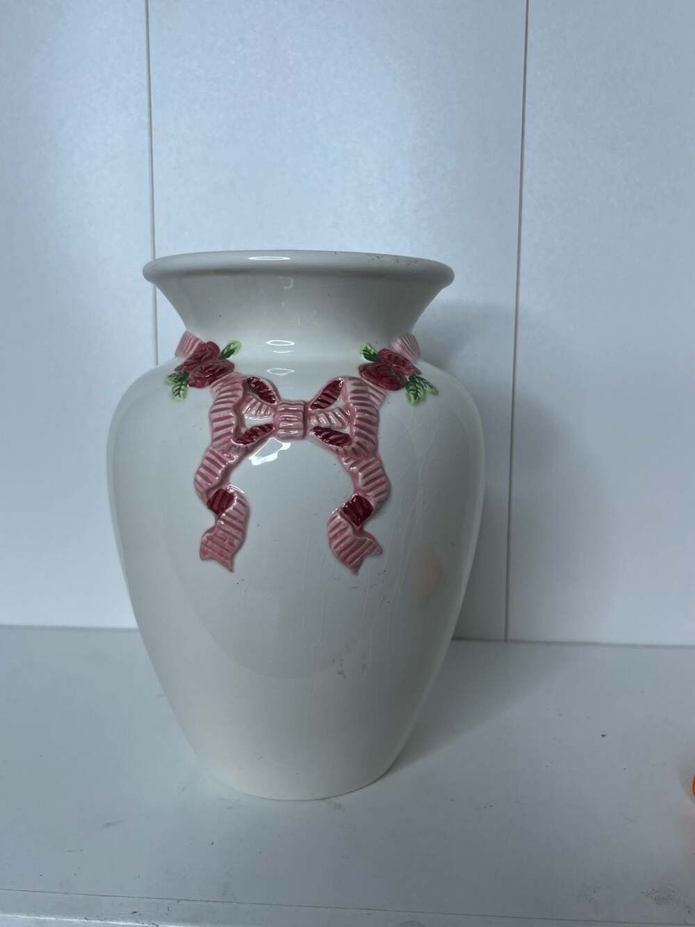 Vintage FTD Ceramic Vase with Embossed Pink Ribbon and Rose Detail